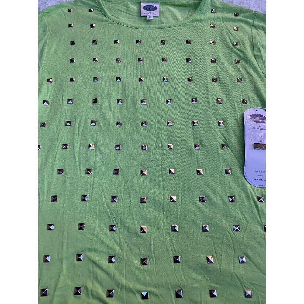 New DG2 Diane Gilman Womens XS Round Neck Studded Loose Shirt Yellow Green